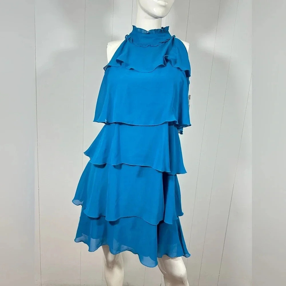 Milano Turquoise Blue layered ruffle Sheer Dress Sleeveless Sz S